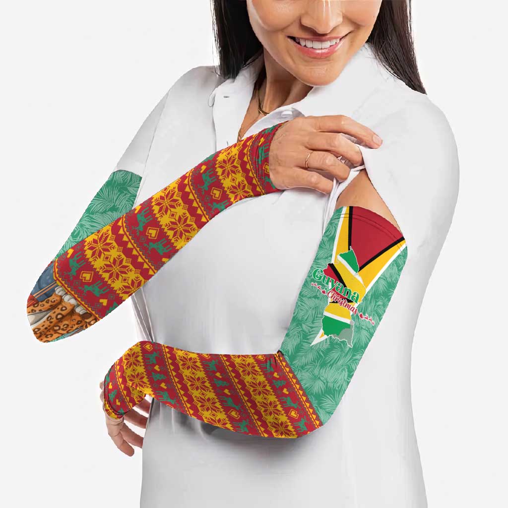 Guyana Christmas Santa Leopard Arm Sleeves with Green Red Yellow Gift and Map - Wonder Print Shop