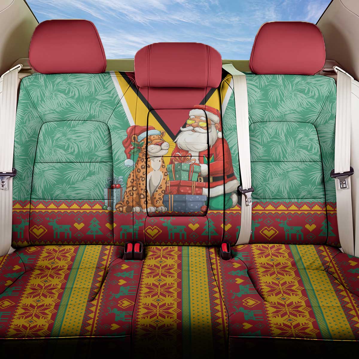 Guyana Christmas Santa Leopard Back Car Seat Cover with Green Red Yellow Gift and Map - Wonder Print Shop