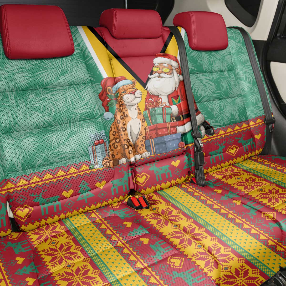 Guyana Christmas Santa Leopard Back Car Seat Cover with Green Red Yellow Gift and Map - Wonder Print Shop