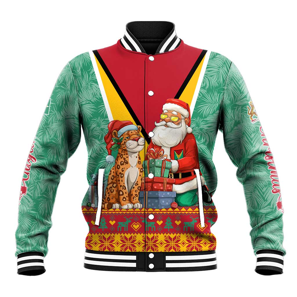 Guyana Christmas Santa Leopard Baseball Jacket with Green Red Yellow Gift and Map - Wonder Print Shop