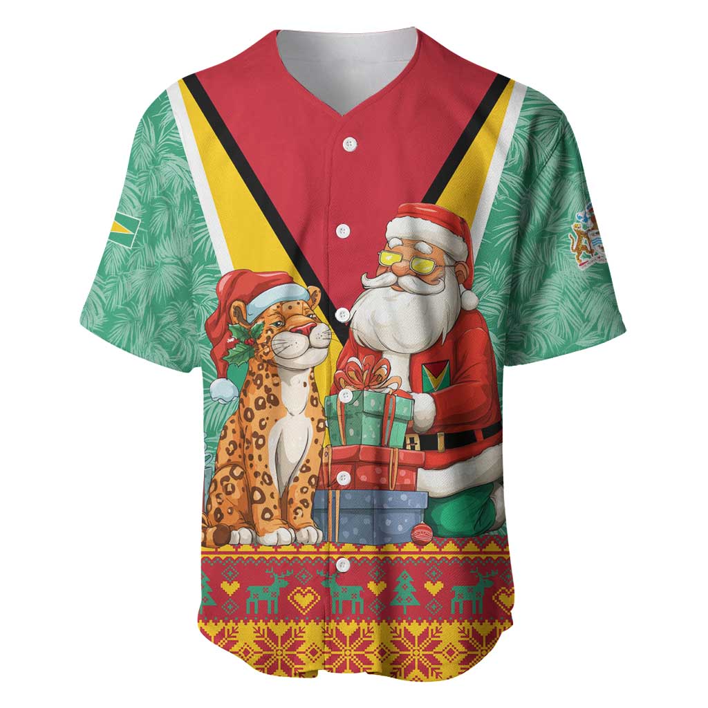 Guyana Christmas Santa Leopard Baseball Jersey with Green Red Yellow Gift and Map - Wonder Print Shop