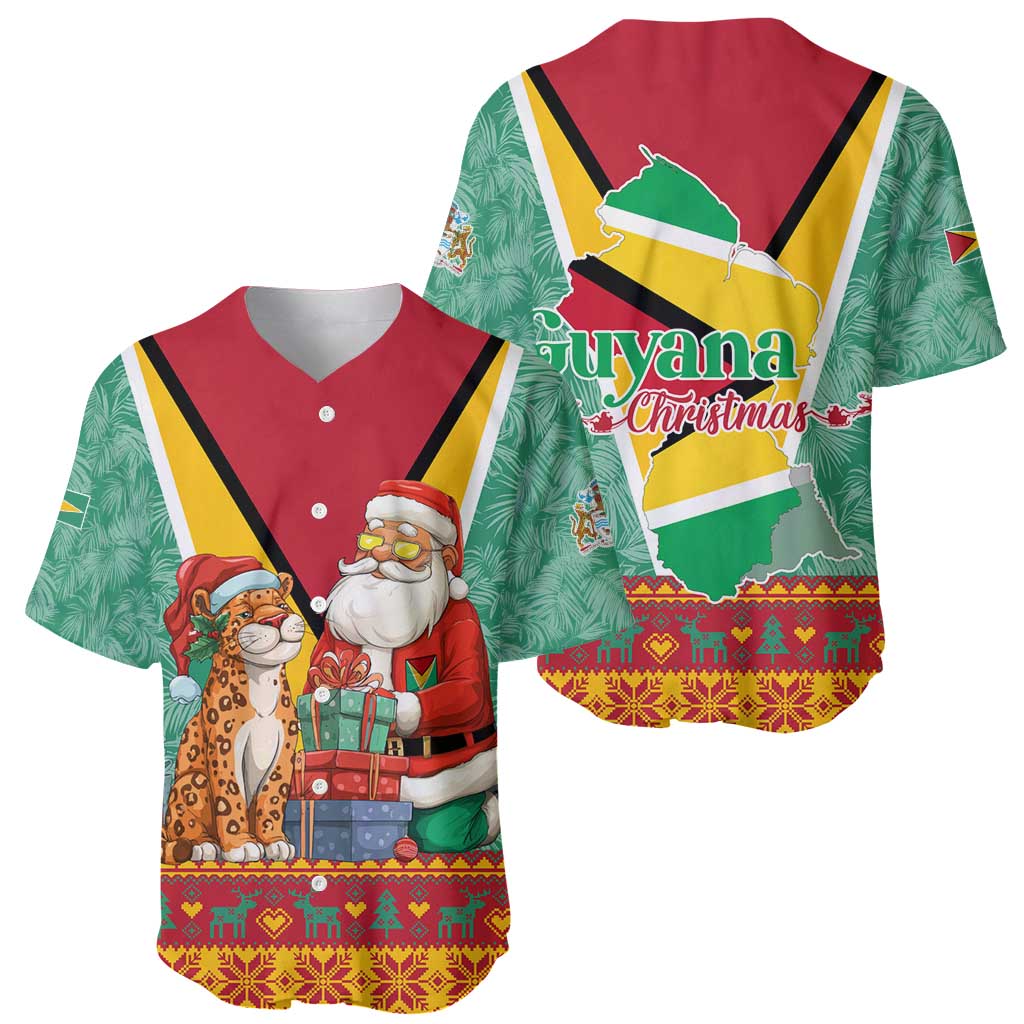 Guyana Christmas Santa Leopard Baseball Jersey with Green Red Yellow Gift and Map - Wonder Print Shop