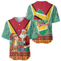 Guyana Christmas Santa Leopard Baseball Jersey with Green Red Yellow Gift and Map - Wonder Print Shop