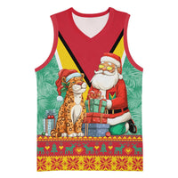 Guyana Christmas Santa Leopard Basketball Jersey with Green Red Yellow Gift and Map - Wonder Print Shop