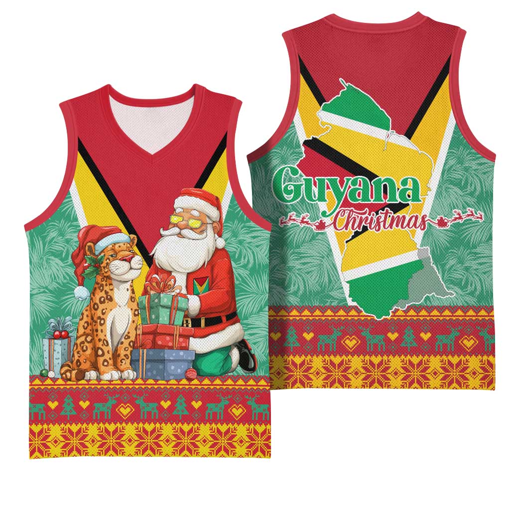 Guyana Christmas Santa Leopard Basketball Jersey with Green Red Yellow Gift and Map - Wonder Print Shop
