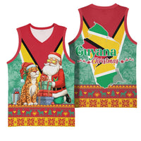 Guyana Christmas Santa Leopard Basketball Jersey with Green Red Yellow Gift and Map - Wonder Print Shop