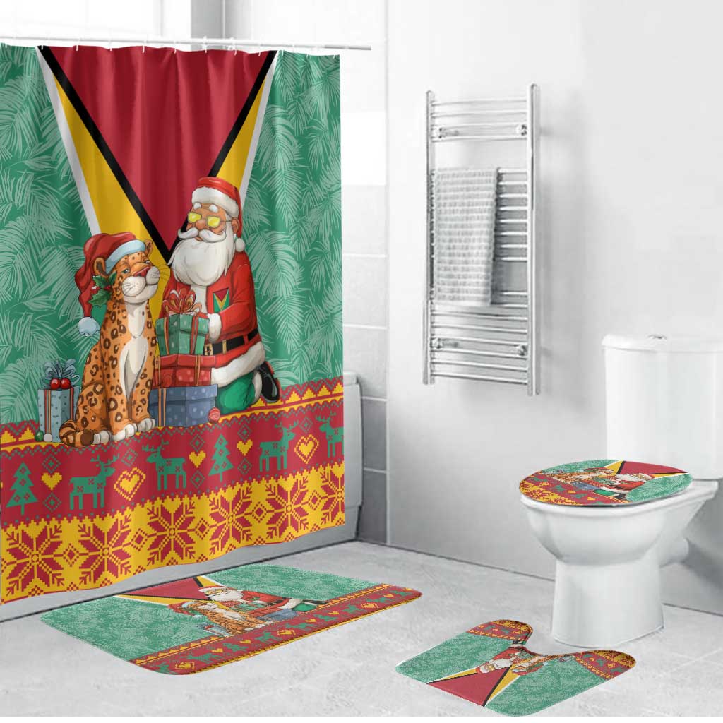 Guyana Christmas Santa Leopard Bathroom Set with Green Red Yellow Gift and Map - Wonder Print Shop