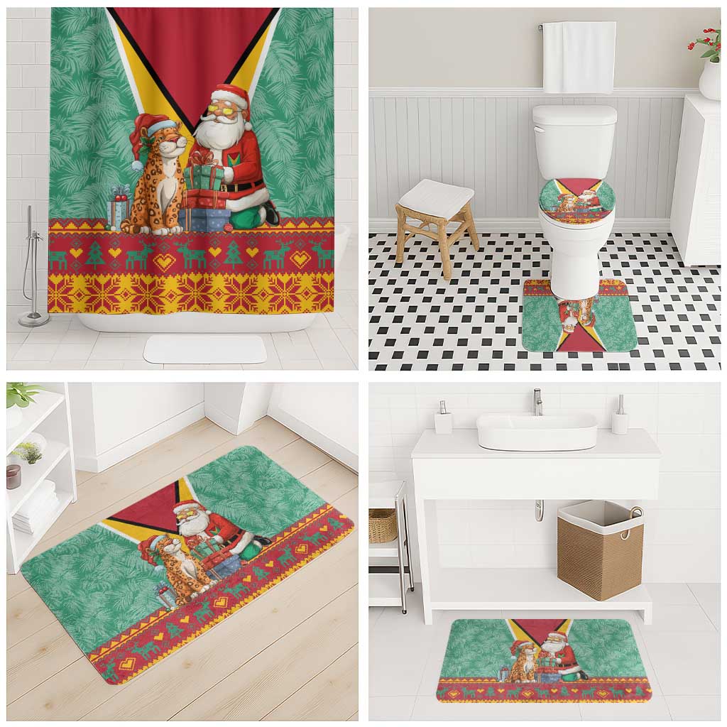 Guyana Christmas Santa Leopard Bathroom Set with Green Red Yellow Gift and Map - Wonder Print Shop
