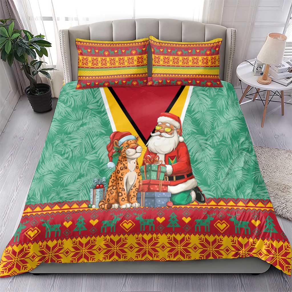 Guyana Christmas Santa Leopard Bedding Set with Green Red Yellow Gift and Map - Wonder Print Shop
