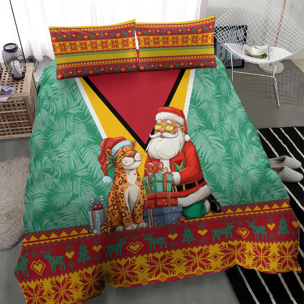 Guyana Christmas Santa Leopard Bedding Set with Green Red Yellow Gift and Map - Wonder Print Shop