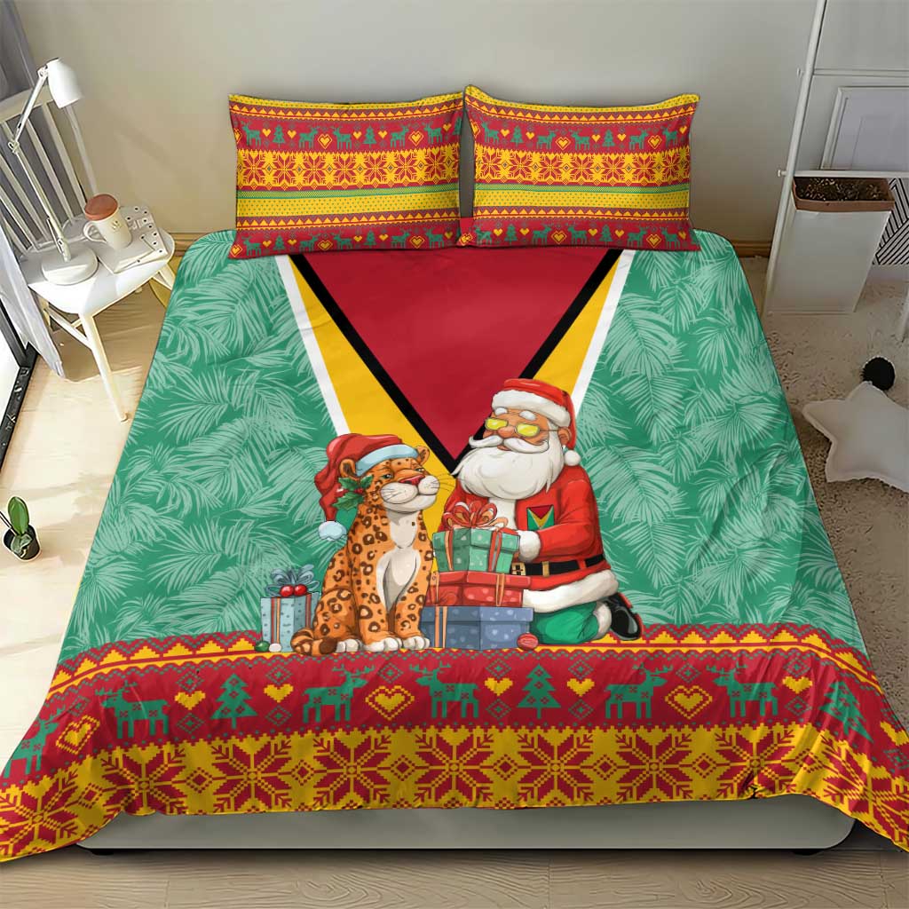 Guyana Christmas Santa Leopard Bedding Set with Green Red Yellow Gift and Map - Wonder Print Shop