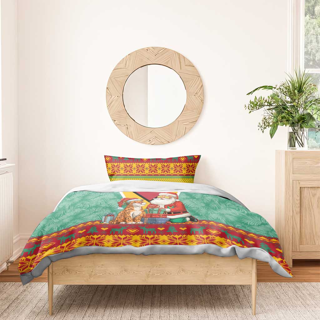 Guyana Christmas Santa Leopard Bedding Set with Green Red Yellow Gift and Map - Wonder Print Shop