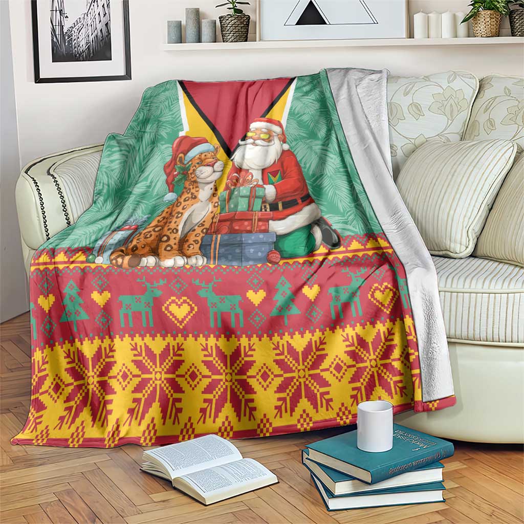 Guyana Christmas Santa Leopard Blanket with Green Red Yellow Gift and Map - Wonder Print Shop
