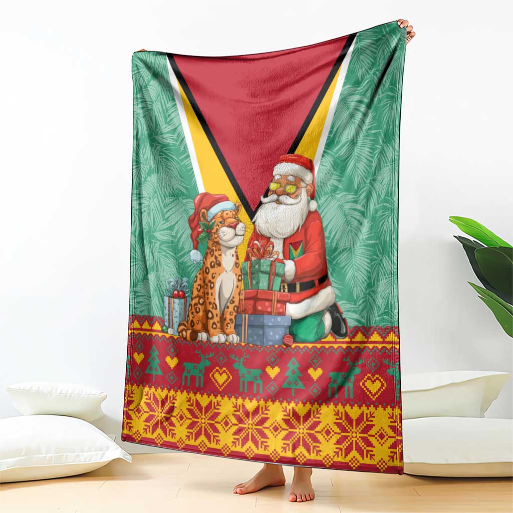 Guyana Christmas Santa Leopard Blanket with Green Red Yellow Gift and Map - Wonder Print Shop