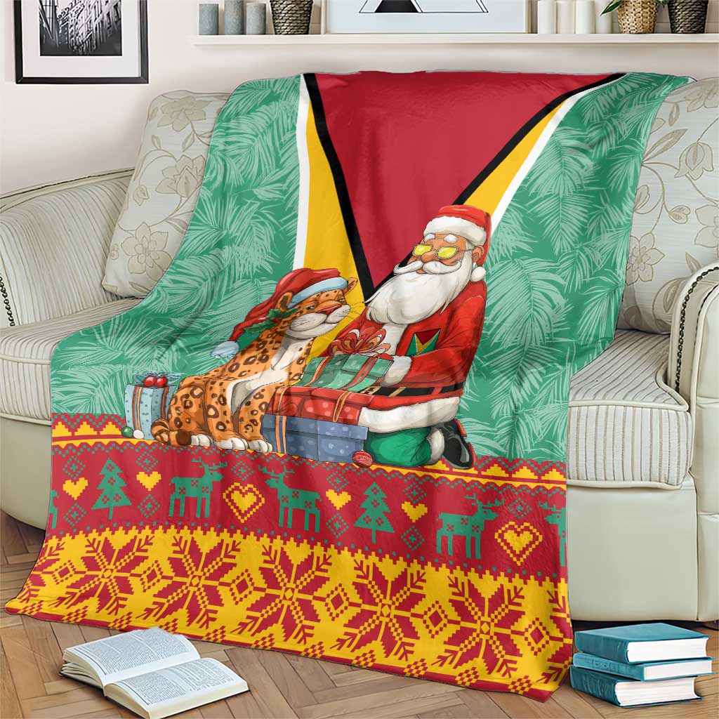 Guyana Christmas Santa Leopard Blanket with Green Red Yellow Gift and Map - Wonder Print Shop