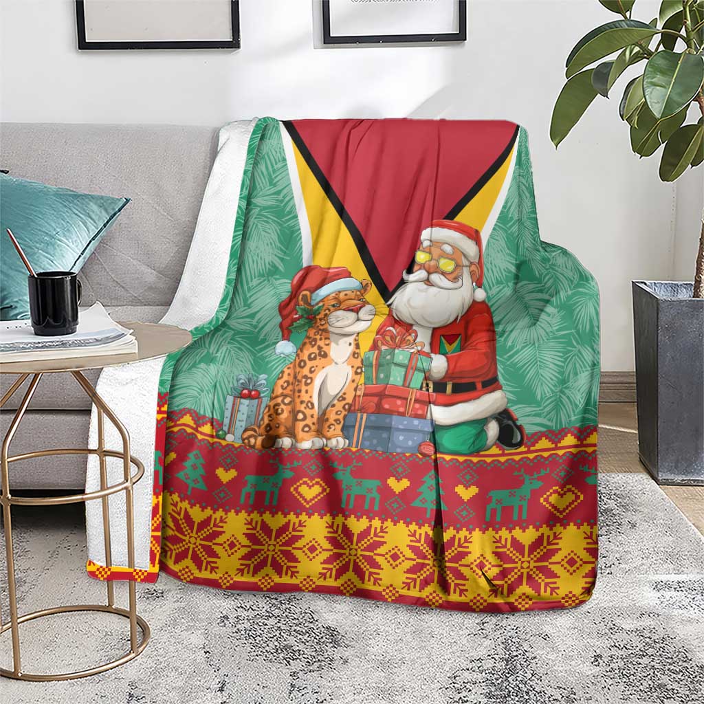 Guyana Christmas Santa Leopard Blanket with Green Red Yellow Gift and Map - Wonder Print Shop
