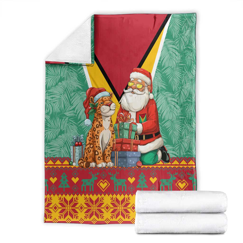Guyana Christmas Santa Leopard Blanket with Green Red Yellow Gift and Map - Wonder Print Shop