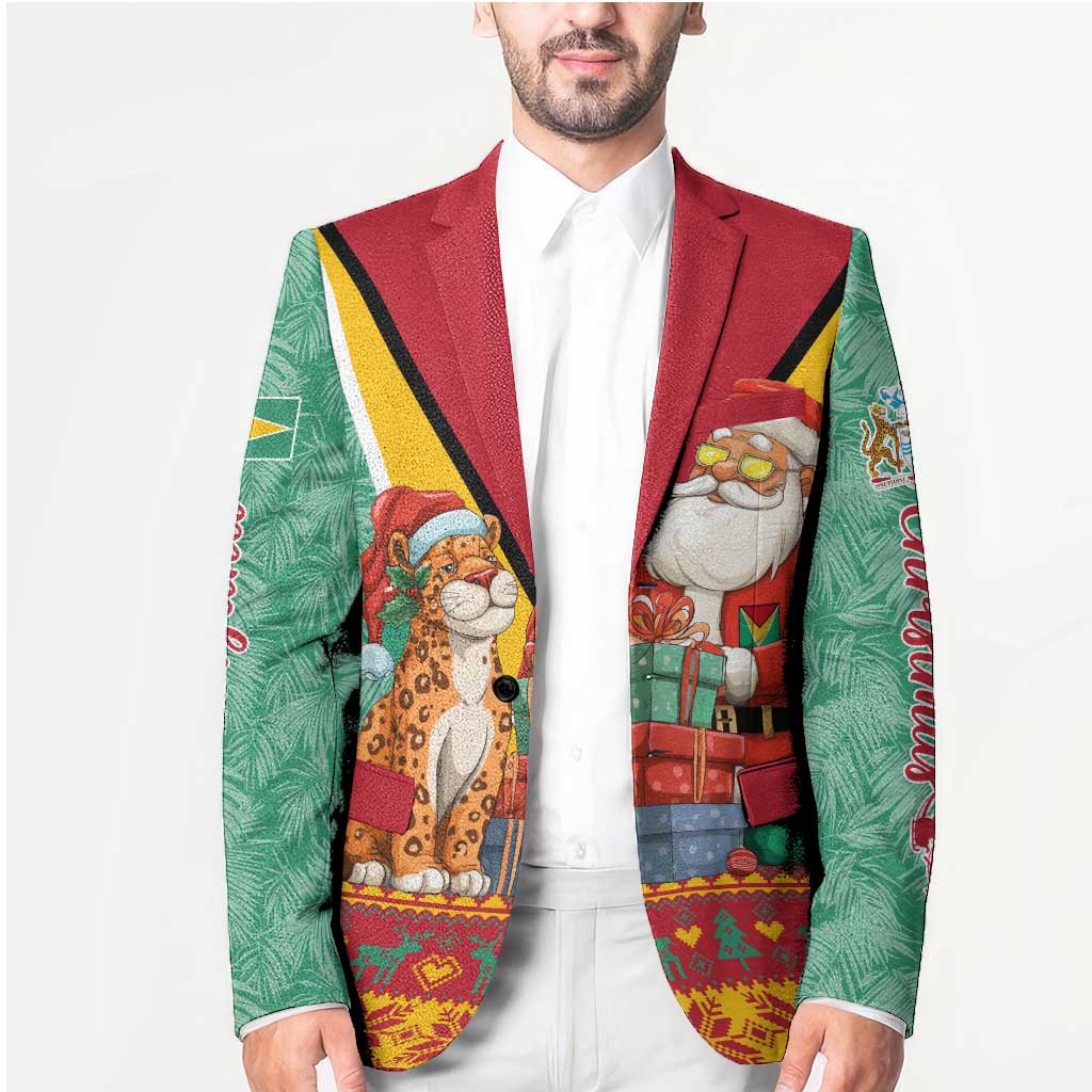 Guyana Christmas Santa Leopard Blazer with Green Red Yellow Gift and Map - Wonder Print Shop