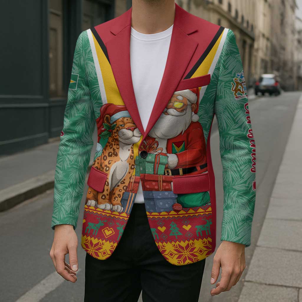 Guyana Christmas Santa Leopard Blazer with Green Red Yellow Gift and Map - Wonder Print Shop