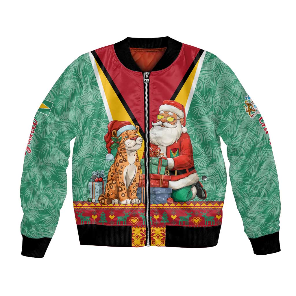 Guyana Christmas Santa Leopard Bomber Jacket with Green Red Yellow Gift and Map - Wonder Print Shop