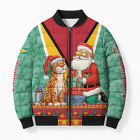 Guyana Christmas Santa Leopard Bomber Puffer Jacket with Green Red Yellow Gift and Map - Wonder Print Shop