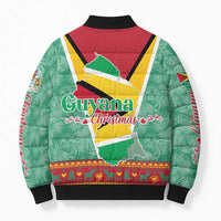 Guyana Christmas Santa Leopard Bomber Puffer Jacket with Green Red Yellow Gift and Map - Wonder Print Shop