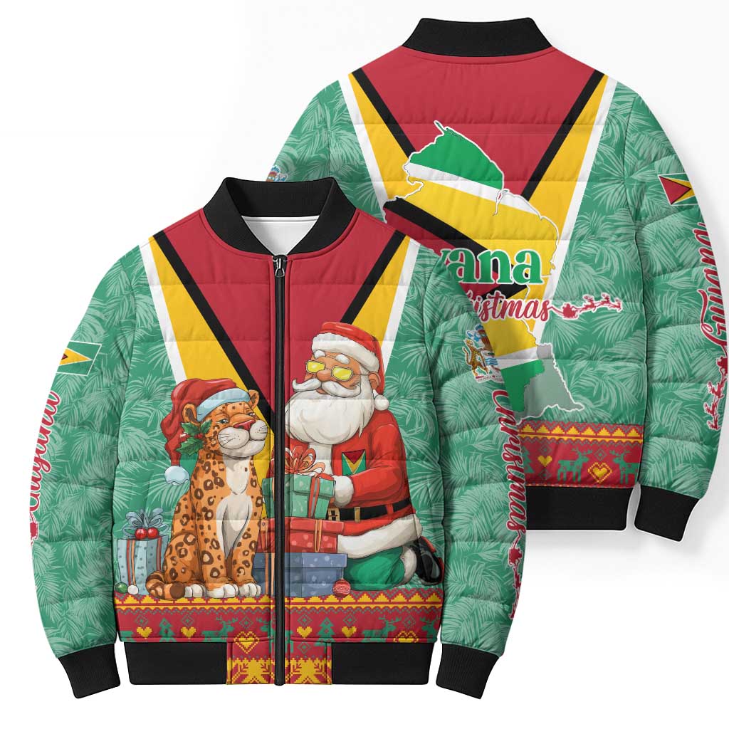 Guyana Christmas Santa Leopard Bomber Puffer Jacket with Green Red Yellow Gift and Map - Wonder Print Shop