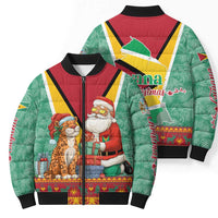 Guyana Christmas Santa Leopard Bomber Puffer Jacket with Green Red Yellow Gift and Map - Wonder Print Shop