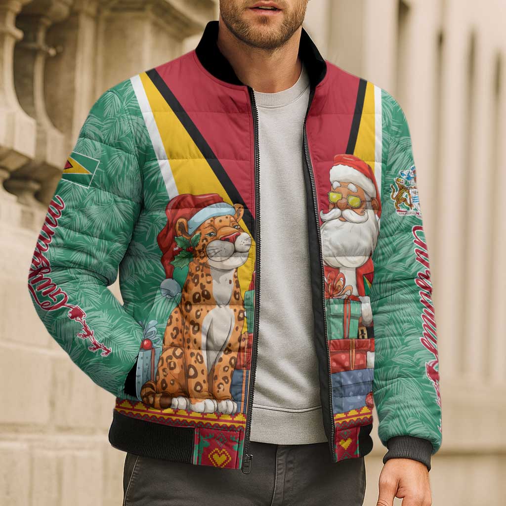 Guyana Christmas Santa Leopard Bomber Puffer Jacket with Green Red Yellow Gift and Map - Wonder Print Shop