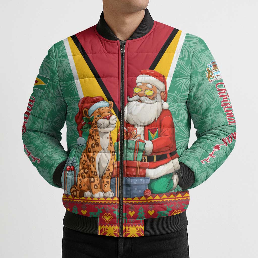 Guyana Christmas Santa Leopard Bomber Puffer Jacket with Green Red Yellow Gift and Map - Wonder Print Shop