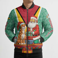 Guyana Christmas Santa Leopard Bomber Puffer Jacket with Green Red Yellow Gift and Map - Wonder Print Shop