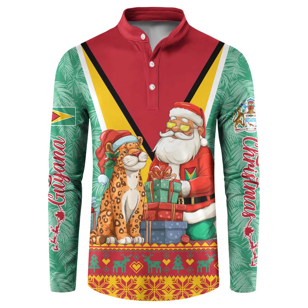 Guyana Christmas Santa Leopard Button Sweatshirt with Green Red Yellow Gift and Map - Wonder Print Shop
