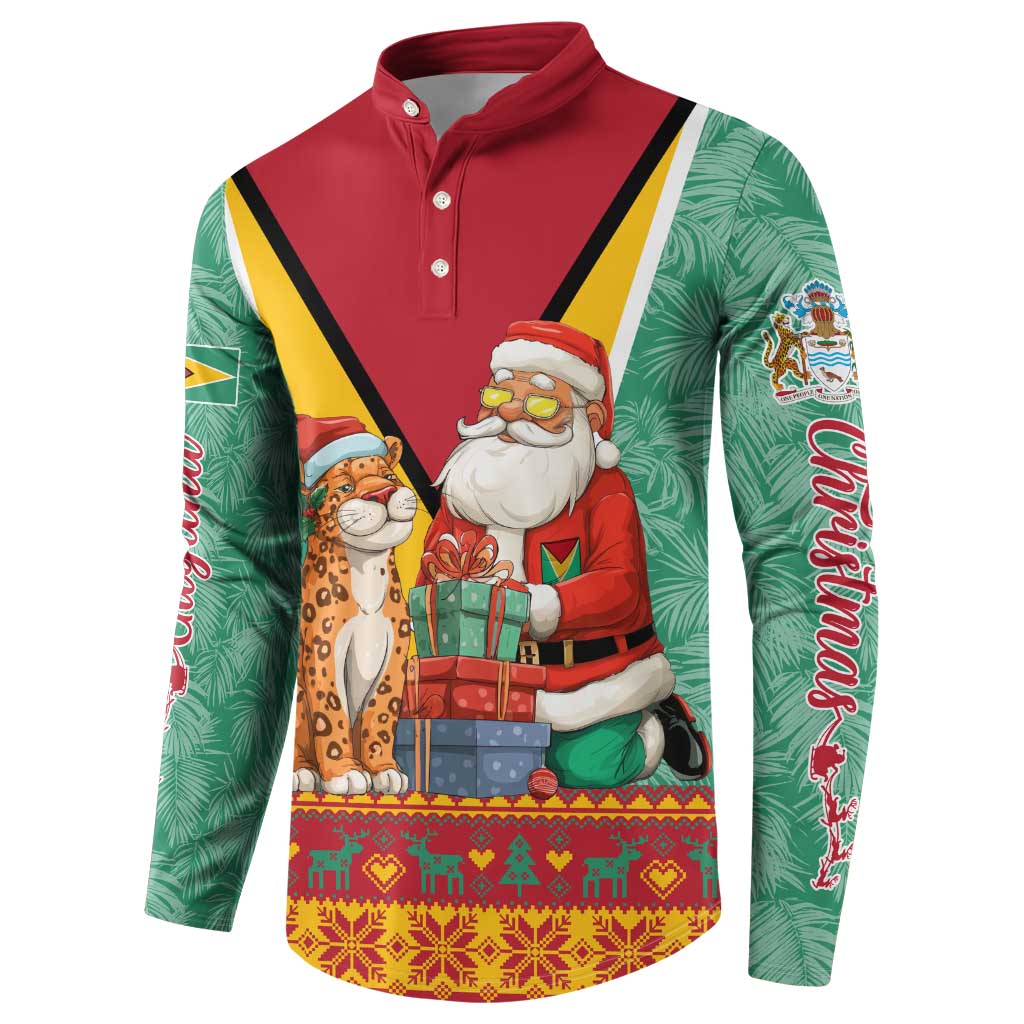 Guyana Christmas Santa Leopard Button Sweatshirt with Green Red Yellow Gift and Map - Wonder Print Shop