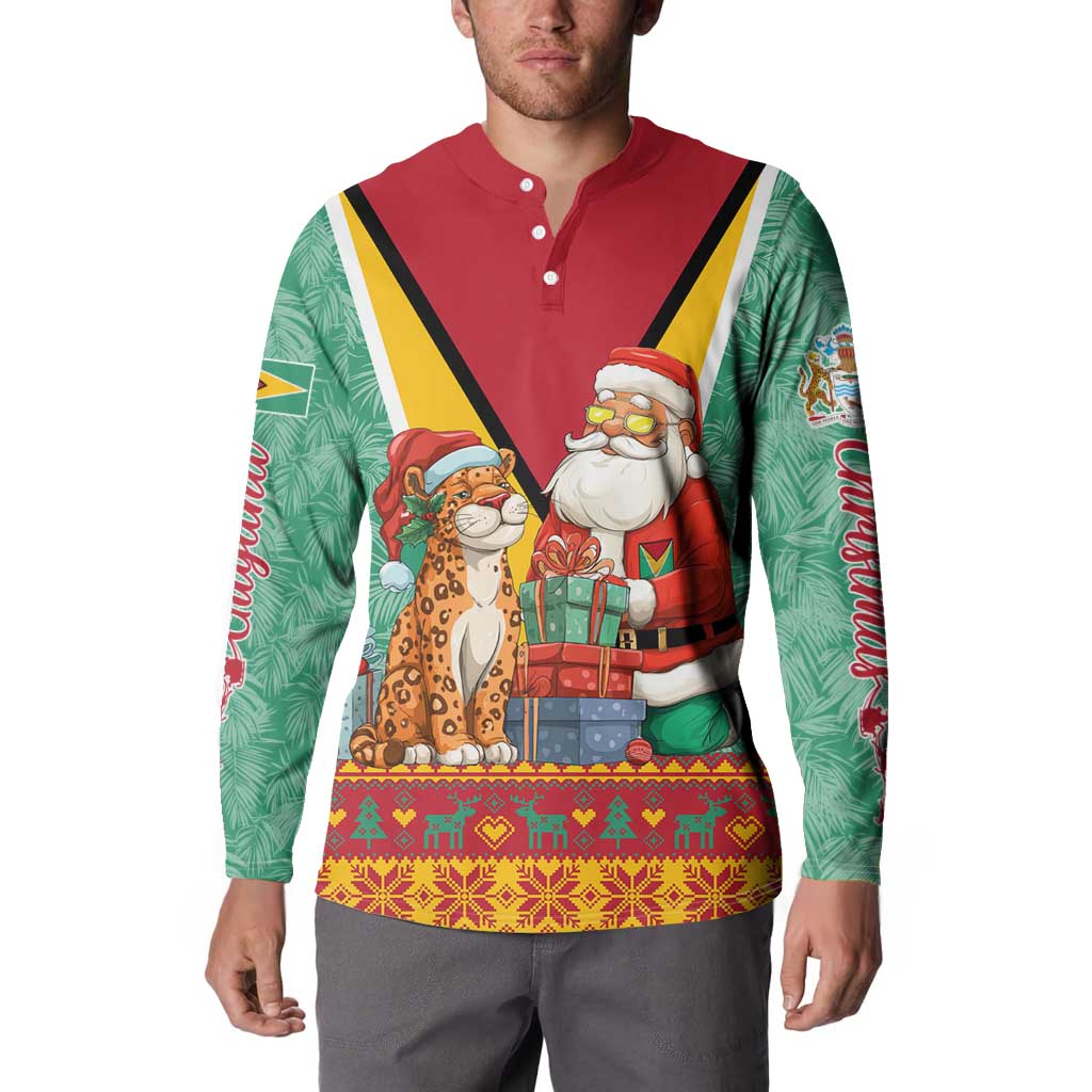 Guyana Christmas Santa Leopard Button Sweatshirt with Green Red Yellow Gift and Map - Wonder Print Shop