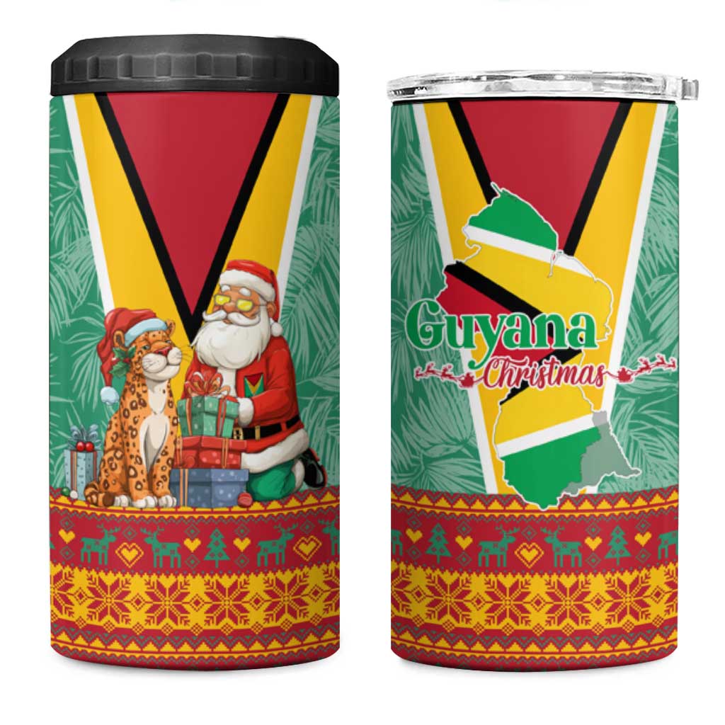 Guyana Christmas Santa Leopard 4 in 1 Can Cooler Tumbler with Green Red Yellow Gift and Map - Wonder Print Shop