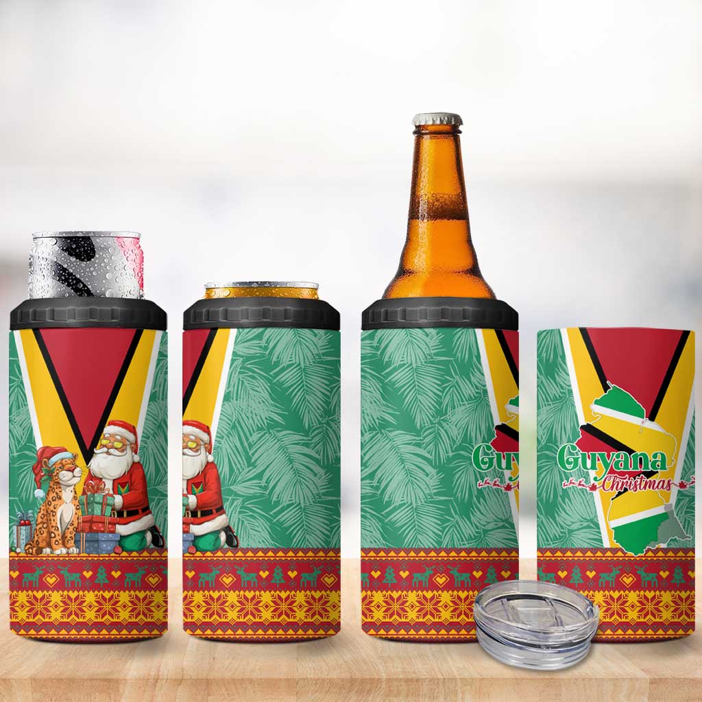 Guyana Christmas Santa Leopard 4 in 1 Can Cooler Tumbler with Green Red Yellow Gift and Map - Wonder Print Shop