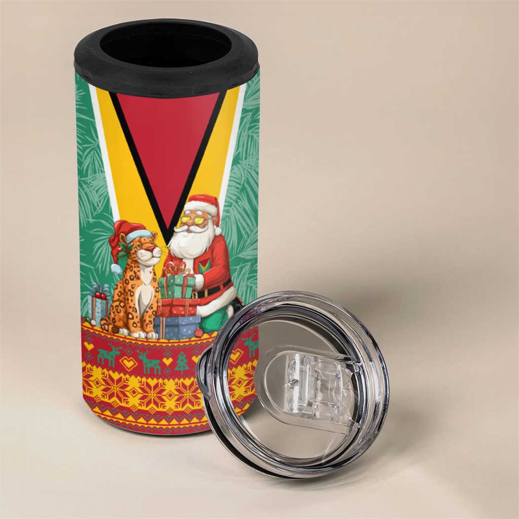 Guyana Christmas Santa Leopard 4 in 1 Can Cooler Tumbler with Green Red Yellow Gift and Map - Wonder Print Shop
