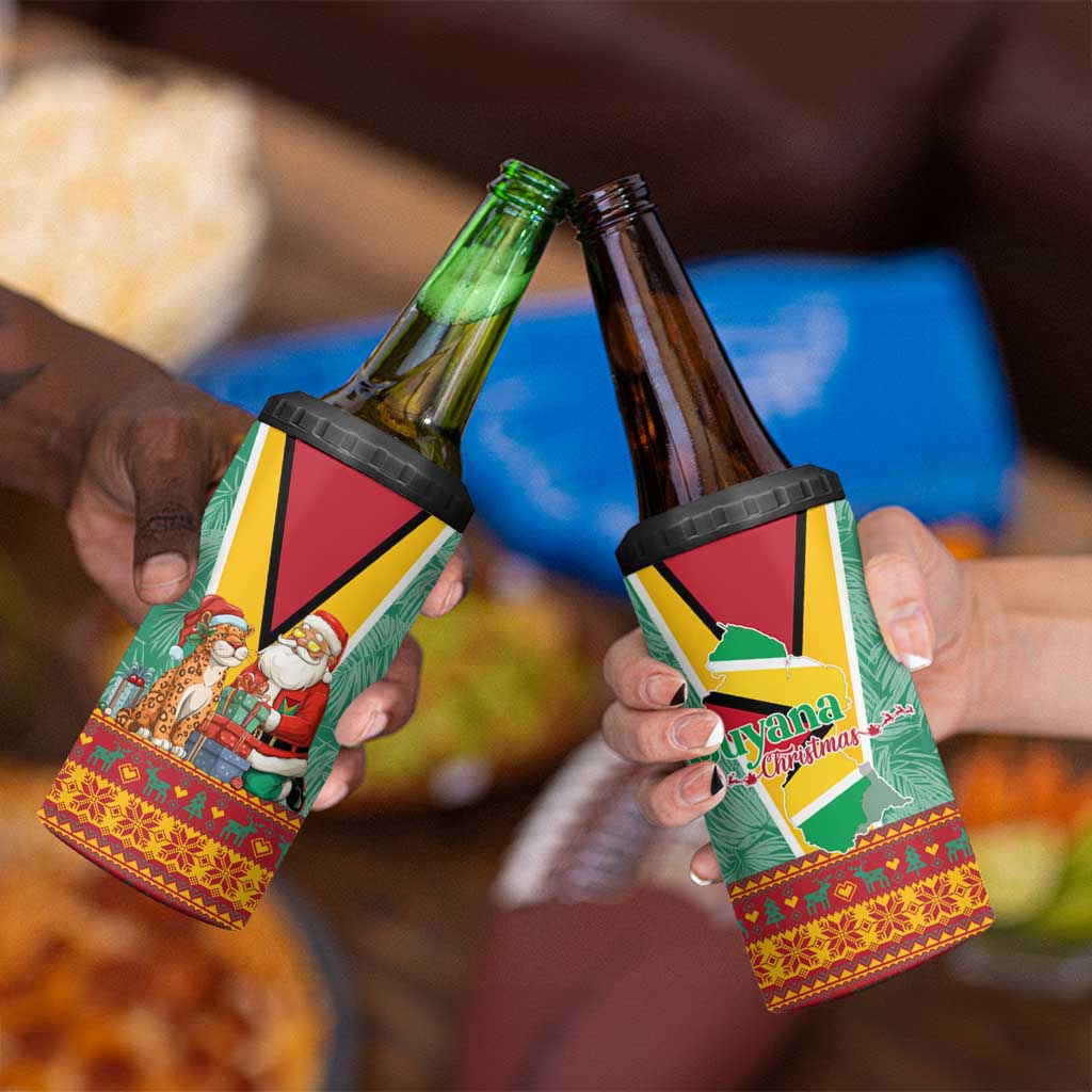 Guyana Christmas Santa Leopard 4 in 1 Can Cooler Tumbler with Green Red Yellow Gift and Map - Wonder Print Shop