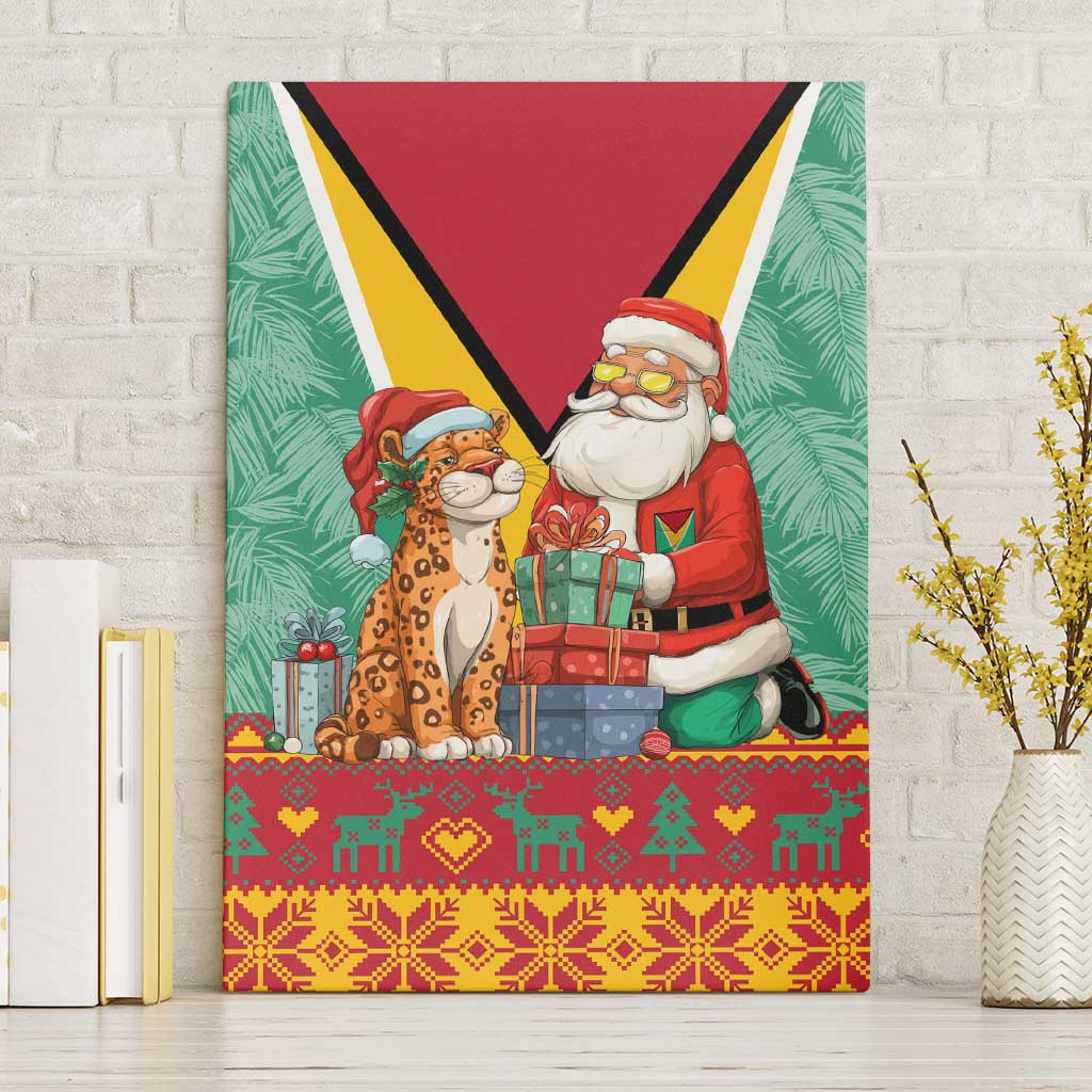 Guyana Christmas Santa Leopard Canvas Wall Art with Green Red Yellow Gift and Map - Wonder Print Shop