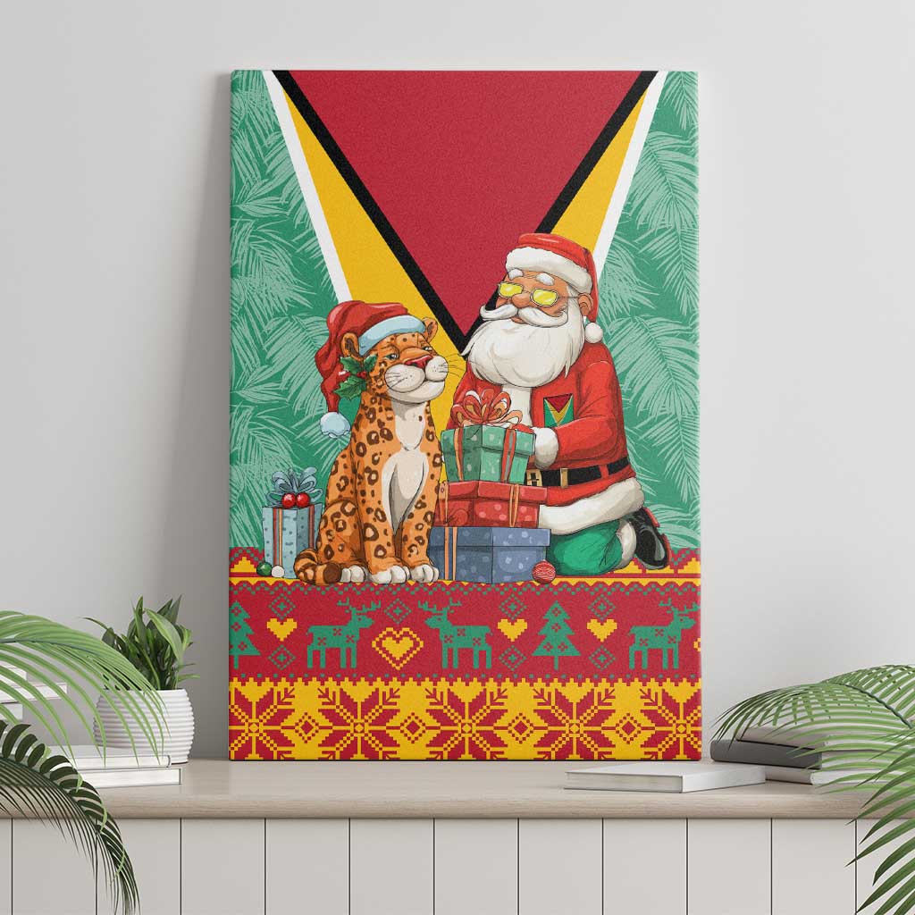 Guyana Christmas Santa Leopard Canvas Wall Art with Green Red Yellow Gift and Map - Wonder Print Shop
