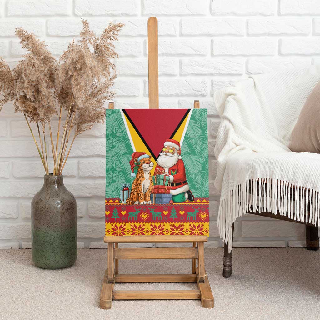 Guyana Christmas Santa Leopard Canvas Wall Art with Green Red Yellow Gift and Map - Wonder Print Shop