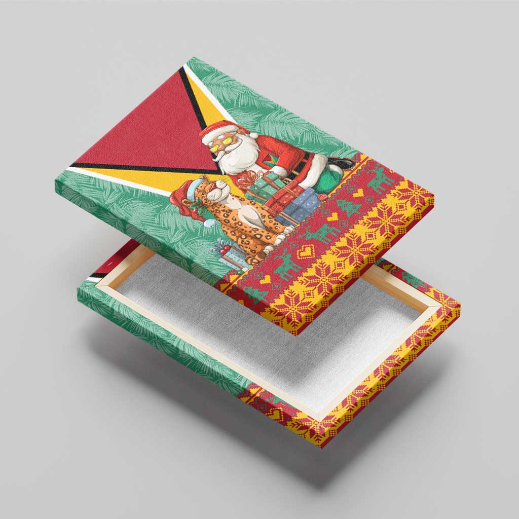 Guyana Christmas Santa Leopard Canvas Wall Art with Green Red Yellow Gift and Map - Wonder Print Shop