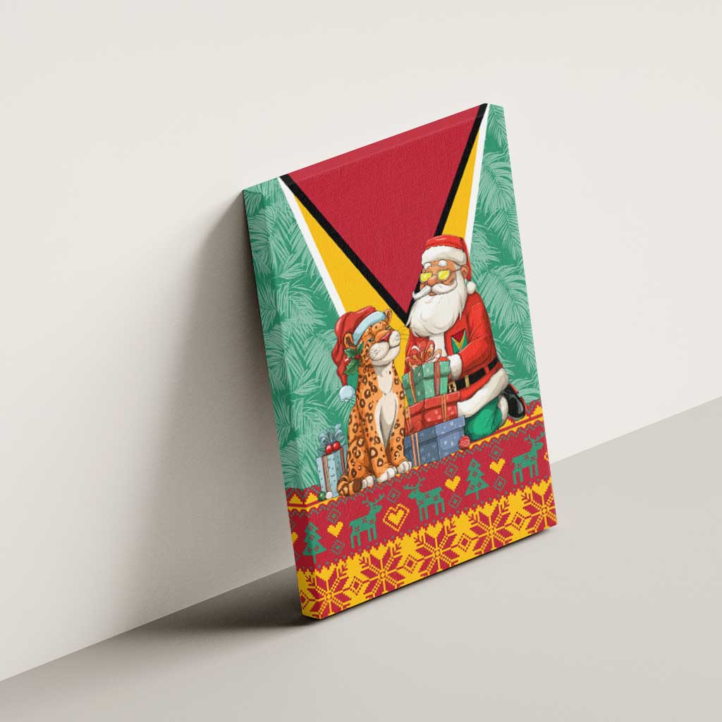 Guyana Christmas Santa Leopard Canvas Wall Art with Green Red Yellow Gift and Map - Wonder Print Shop