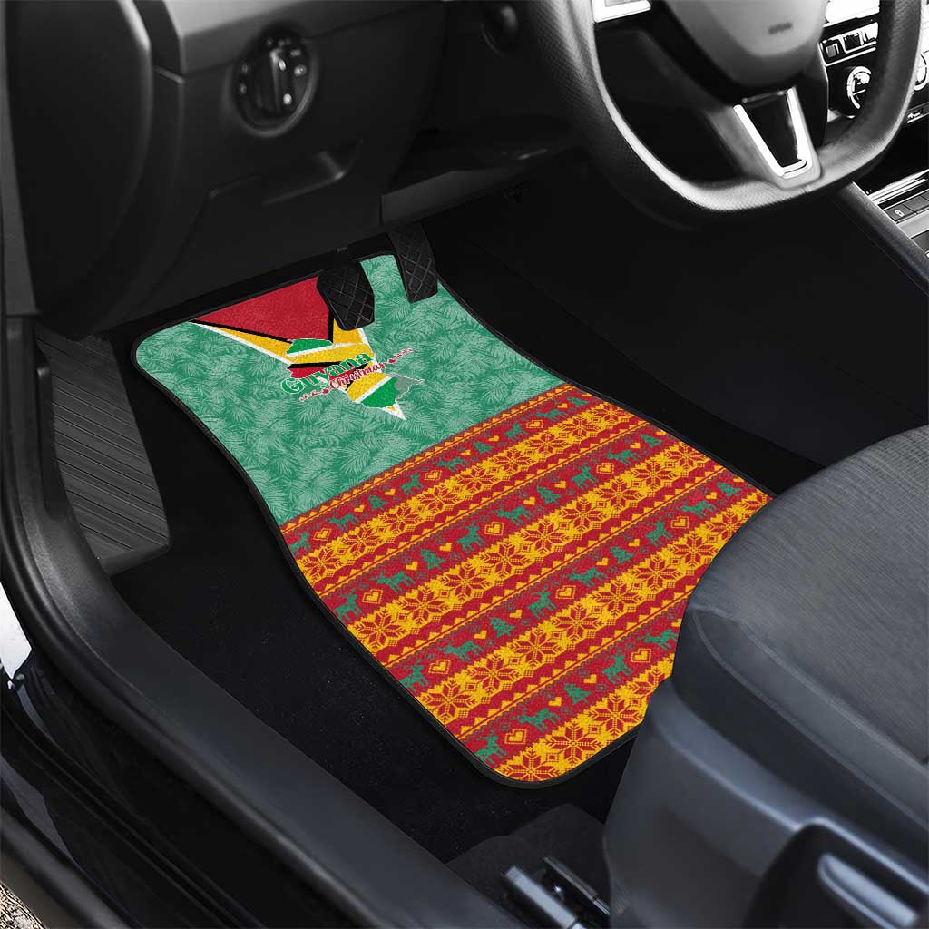 Guyana Christmas Santa Leopard Car Mats with Green Red Yellow Gift and Map - Wonder Print Shop