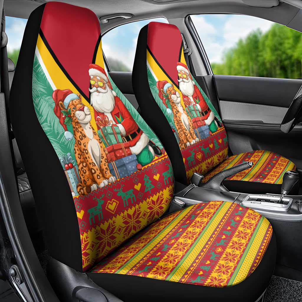 Guyana Christmas Santa Leopard Car Seat Cover with Green Red Yellow Gift and Map - Wonder Print Shop