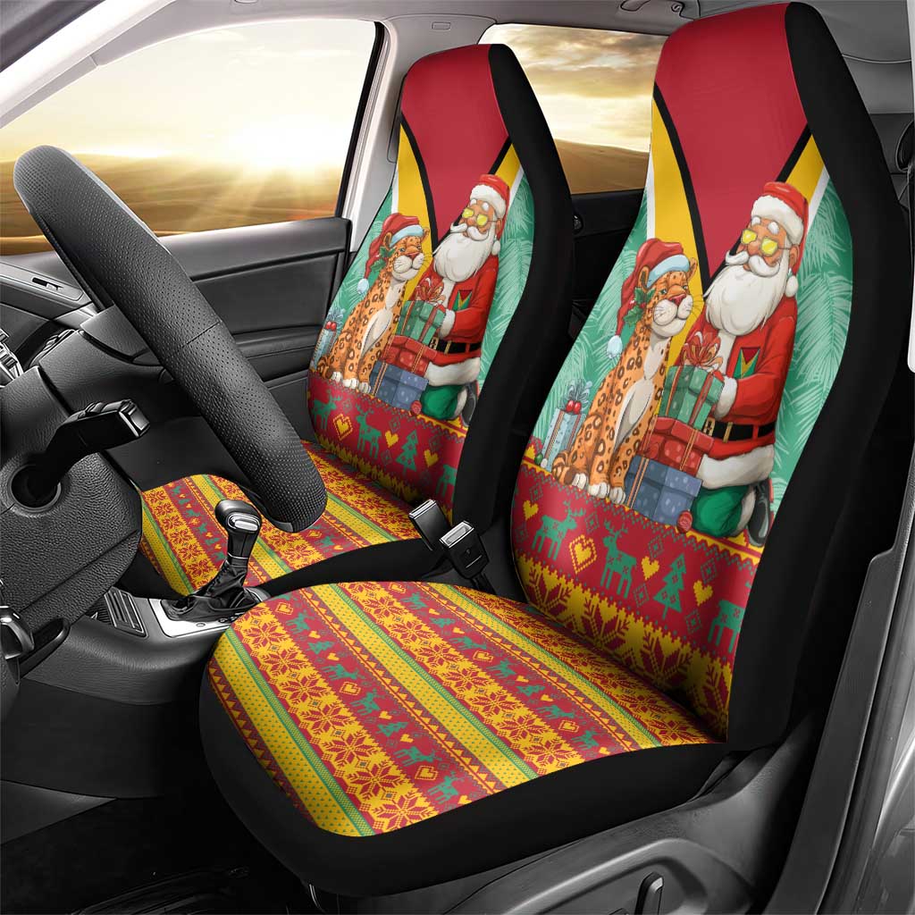 Guyana Christmas Santa Leopard Car Seat Cover with Green Red Yellow Gift and Map - Wonder Print Shop