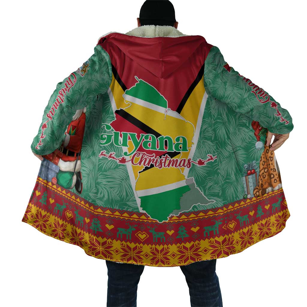 Guyana Christmas Santa Leopard Cloak with Green Red Yellow Gift and Map - Wonder Print Shop
