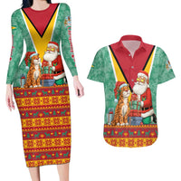 Guyana Christmas Santa Leopard Couples Matching Long Sleeve Bodycon Dress and Hawaiian Shirt with Green Red Yellow Gift and Map - Wonder Print Shop