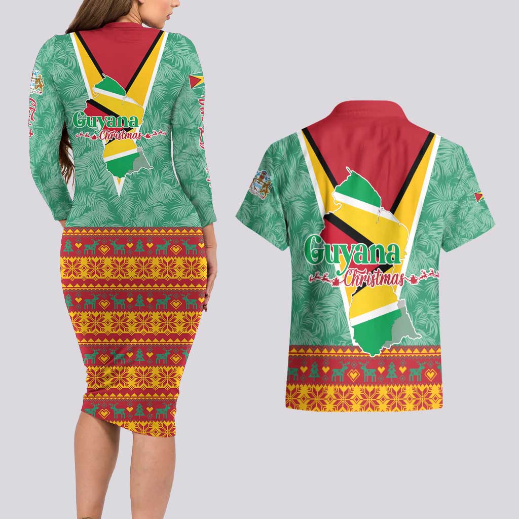 Guyana Christmas Santa Leopard Couples Matching Long Sleeve Bodycon Dress and Hawaiian Shirt with Green Red Yellow Gift and Map - Wonder Print Shop