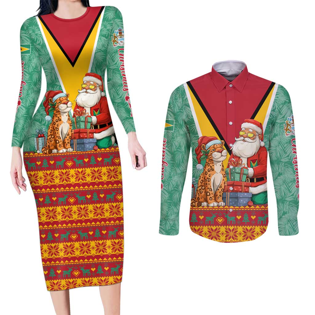 Guyana Christmas Santa Leopard Couples Matching Long Sleeve Bodycon Dress and Long Sleeve Button Shirt with Green Red Yellow Gift and Map - Wonder Print Shop